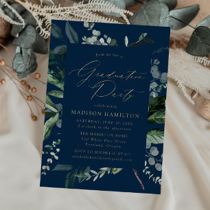 Overvloedige Greenery Navy Graduation Party Folie Uitnodiging