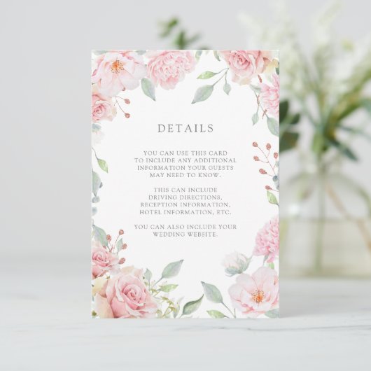 Overvloedige Rozen Roze Bloemen Bruiloft Gast Deta Informatiekaartje (Staand voorkant)