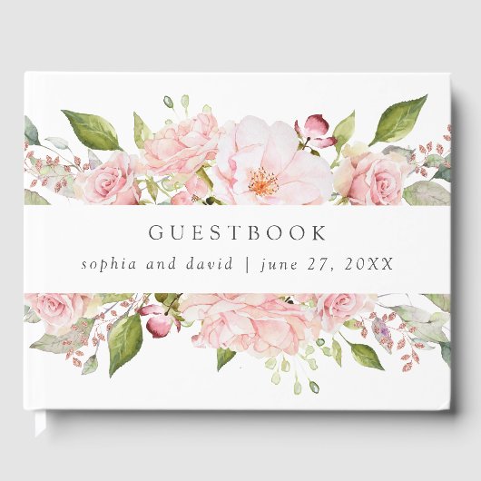 Overvloedige Rozen | Roze Bloemen Bruiloft op Wit Gastenboek (Voorkant)