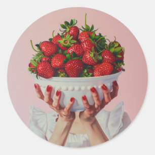 Overvloeiende kom aardbeien ronde sticker