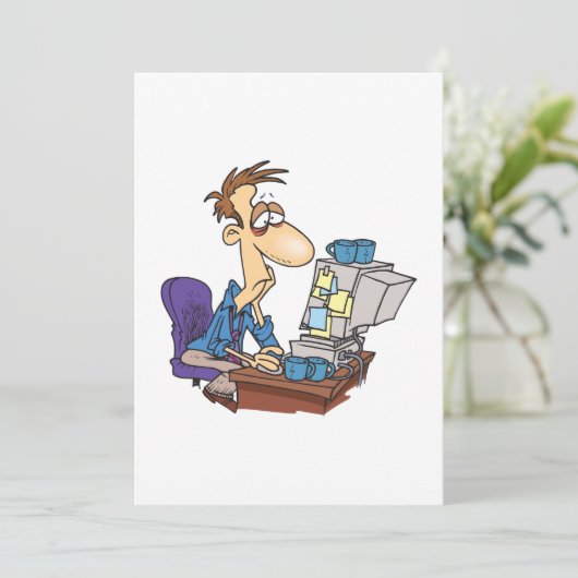 Overwerkte kantoormedewerker grappige vermoeide we kaart (Staand voorkant)