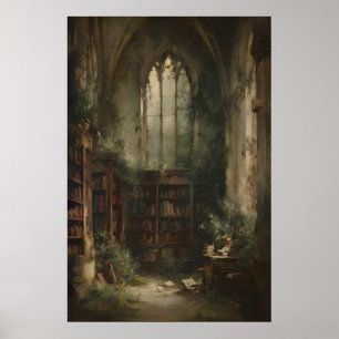 Overwoekerde bibliotheekruïne met boeken en klimop poster