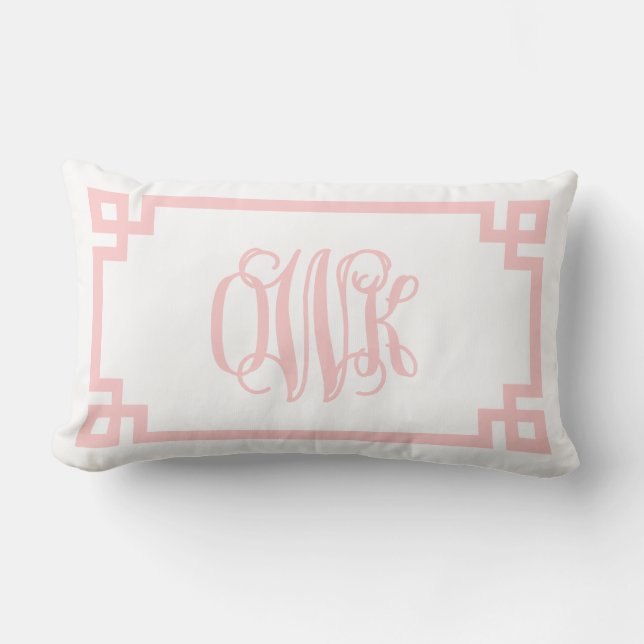 OWK Licht Roze Grieks Sleutelschrift Monogram Kussen (Voorkant)