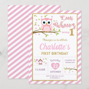 Owl 1st Birthday Invitation Girl Pink and Gold Kaart