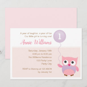 Owl 1st Birthday Invitations (Meisjes) met ballon Kaart