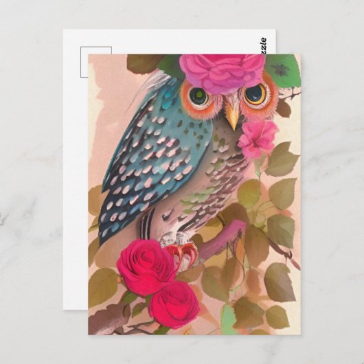 Owl A Sa Carte D'Art Fleurs (Devant / Derrière)