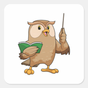 Owl als leraar met boek en wijzer vierkante sticker