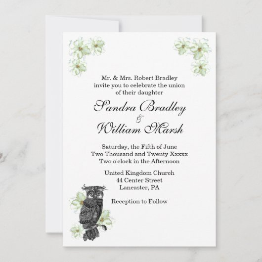 Owl and Green Flowers Wedding Invitation Kaart (Voorkant)