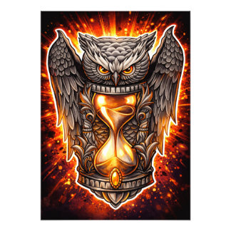 Owl and Hourglass – Hand-Drawn & Digital Art  Foto Afdruk