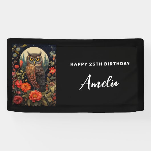 Owl at Night with a Full Moon Birthday Spandoek (Horizontaal)