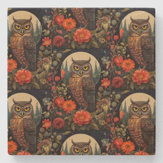 Owl at Night with a Full Moon Pattern Stenen Onderzetter (Voorkant)