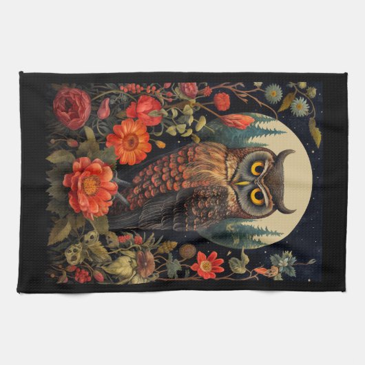 Owl at Night with a Full Moon Theedoek (Horizontaal)