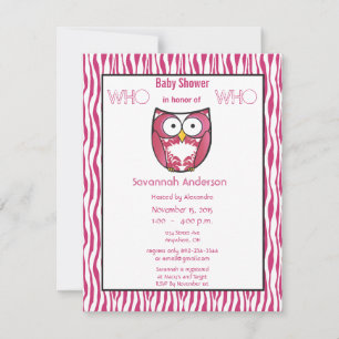 Owl Baby Girl PINK Zebra Stripe Shower Uitnodiging
