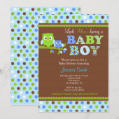 Owl Baby shower Invitation Boy Kaart (Voorkant / Achterkant)
