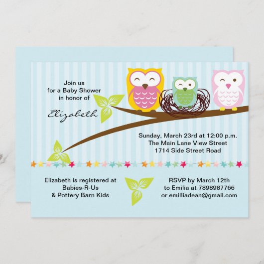 Owl Baby shower Invitation Kaart (Voorkant / Achterkant)