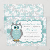 Owl Baby Shower Invitations, Aqua, Grey - 930 Kaart (Voorkant / Achterkant)