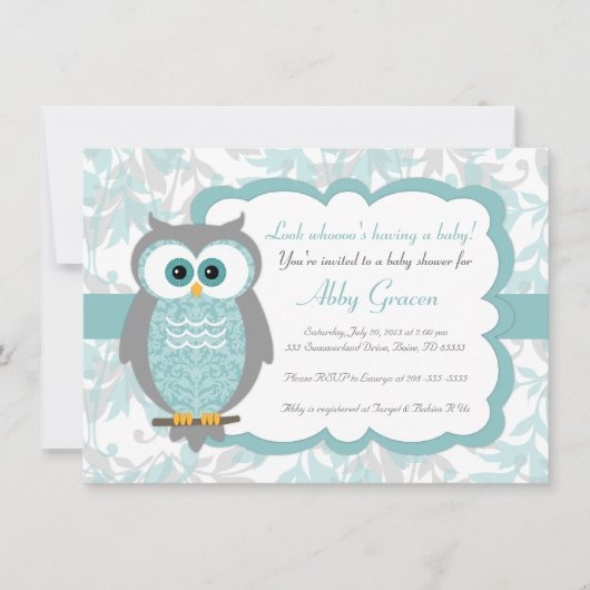 Owl Baby Shower Invitations, Aqua, Grey - 930 Kaart (Voorkant)