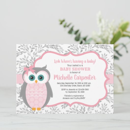 owl baby shower uitnodiging meisje roze grijze bos (Staand voorkant)