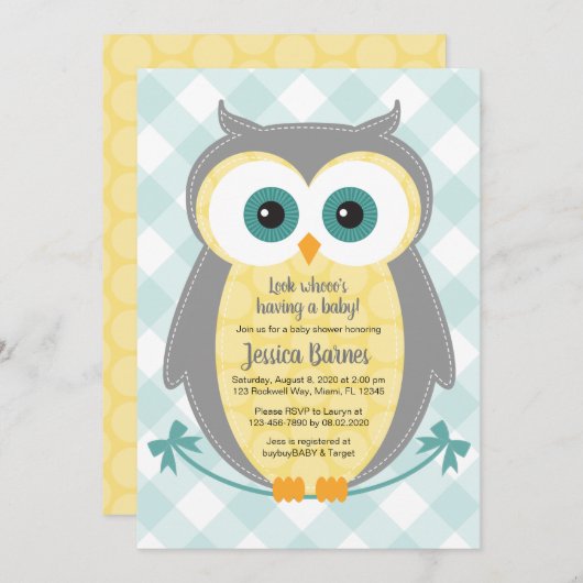 Owl baby shower uitnodiging neutraal geel grijs (Voorkant / Achterkant)