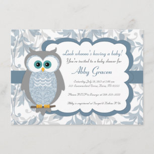 Owl Baby Shower-uitnodigingen, blauw, grijs - 830 Kaart