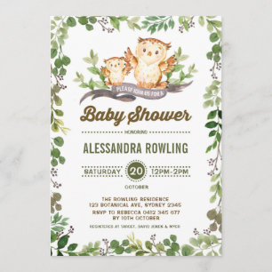 Owl Baby shower Woodland Greenery Forest Invite Kaart