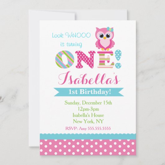 Owl Birthday Party Invitations for Girl Kaart (Voorkant)
