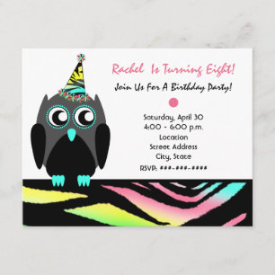 Owl Birthday Party nodigt Neon Zebra Print uit Kaart