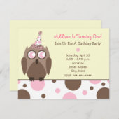 Owl Birthday Party nodigt roze en bruine pokadots Kaart (Voorkant / Achterkant)