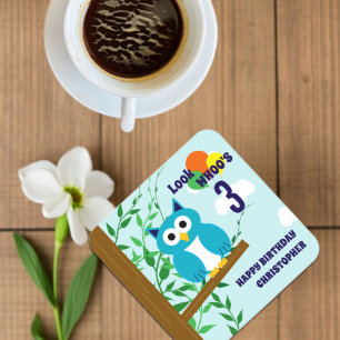 Owl Birthday Vierkante Kartonnen Onderzetter