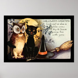 Owl Black Cat Full Moon Witch's Pet Poster