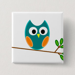 Owl: blauw en Oranje Vierkante Button 5,1 Cm