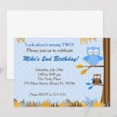 Owl Blue Brown Boy Birthday Party Invitation Kaart (Voorkant / Achterkant)