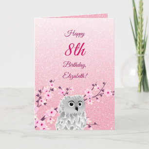 Owl Cherry Blossom Happy Birthday Pink Glitter Kaart