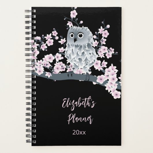 Owl Cherry Blossom Roze Black | Naam toevoegen/Jaa Planner (Voorkant)