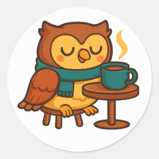 Owl Coffee Break (White Background Glossy) Sticker