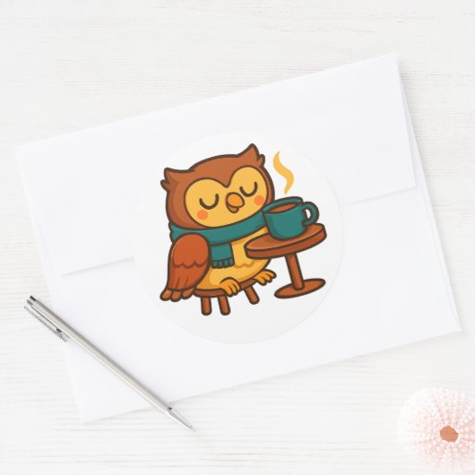 Owl Coffee Break (White Background Glossy) Sticker (Enveloppe)