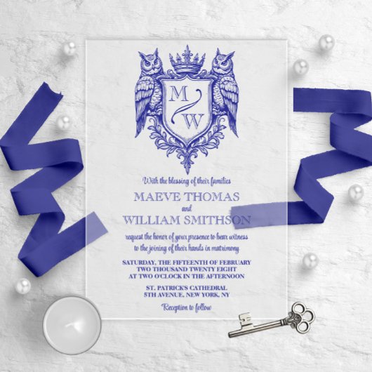 Owl Crest Royal Monogram Wedding Invitation