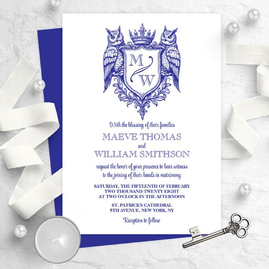 Owl Crest Royal Monogram Wedding Invitation