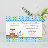 Owl Custom Birthday Party Invitations Boy Kaart (Staand voorkant)