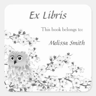 Owl en Cherry Blossom Ex Libris Vierkante Sticker