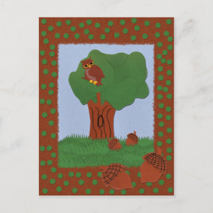 Owl en eik Tree Whimsical Cartoon Art Briefkaart