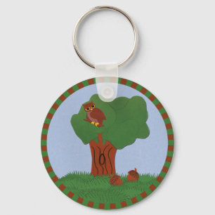Owl en eik Tree Whimsical Cartoon Art Sleutelhanger