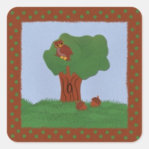Owl en eik Tree Whimsical Cartoon Art Vierkante Sticker