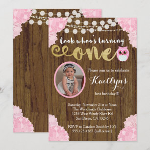 Owl First Birthday Girl Photo Invitation Kaart