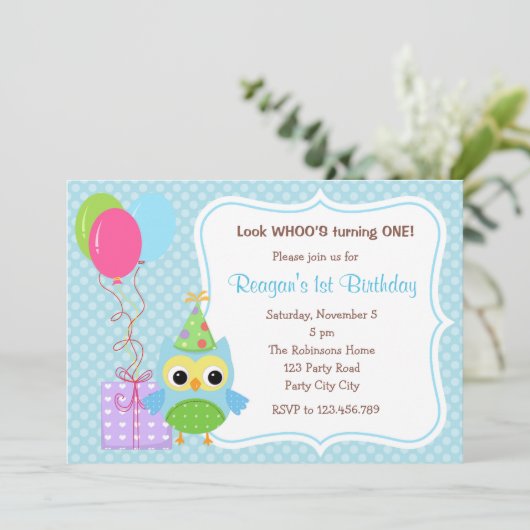 Owl First Birthday Invitations for Boys (ballonnen Kaart (Staand voorkant)