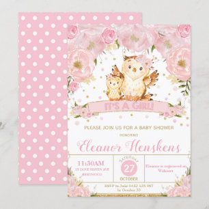 Owl Floral Baby shower Invitation Girl Kaart