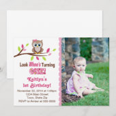 Owl Girl 1er anniversaire Invitation 5x7 Carte pho (Devant / Derrière)