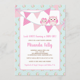 Owl Girl Baby shower Invitation, Shabby Chic Kaart