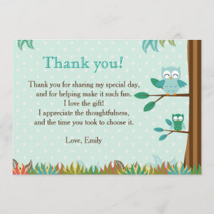 Owl Green Brown Party Dank je wel Bedankkaart