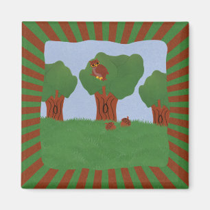 Owl in het Oak Tree Sunburst Design Magneet